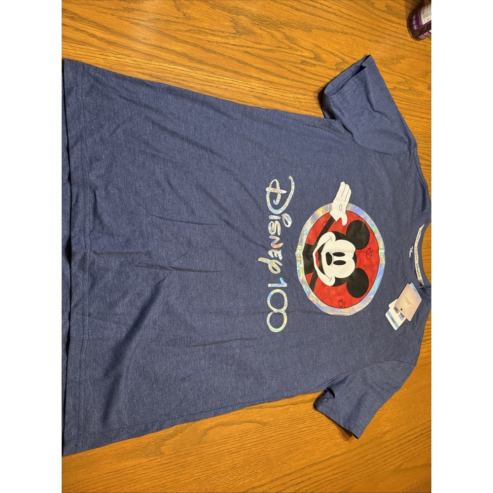 Disney 100 Shirt Mens Large Blue Crew Neck Short Sleeve Graphic Mickey Mouse